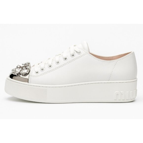 Miu Miu Swarovski Crystal Toe-Cap Nappa Leather Sneakers White Platform 40.5-10 - Picture 4 of 16